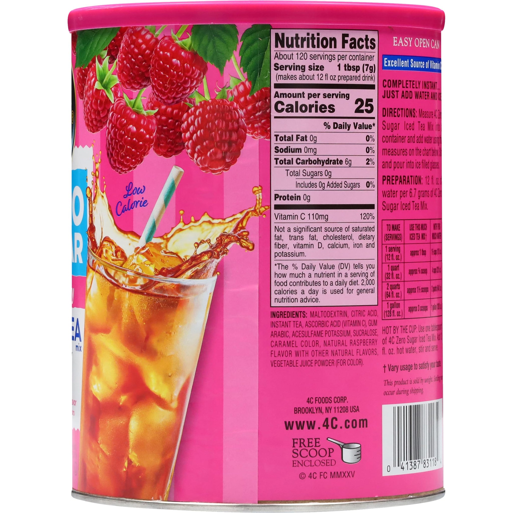 4C Zero Sugar Powdered Drink Mix Cannisters, Zero Sugar Raspberry Iced Tea, 45 Quarts, Family Sized Cannister, Low Calorie, Thirst Quenching Flavors