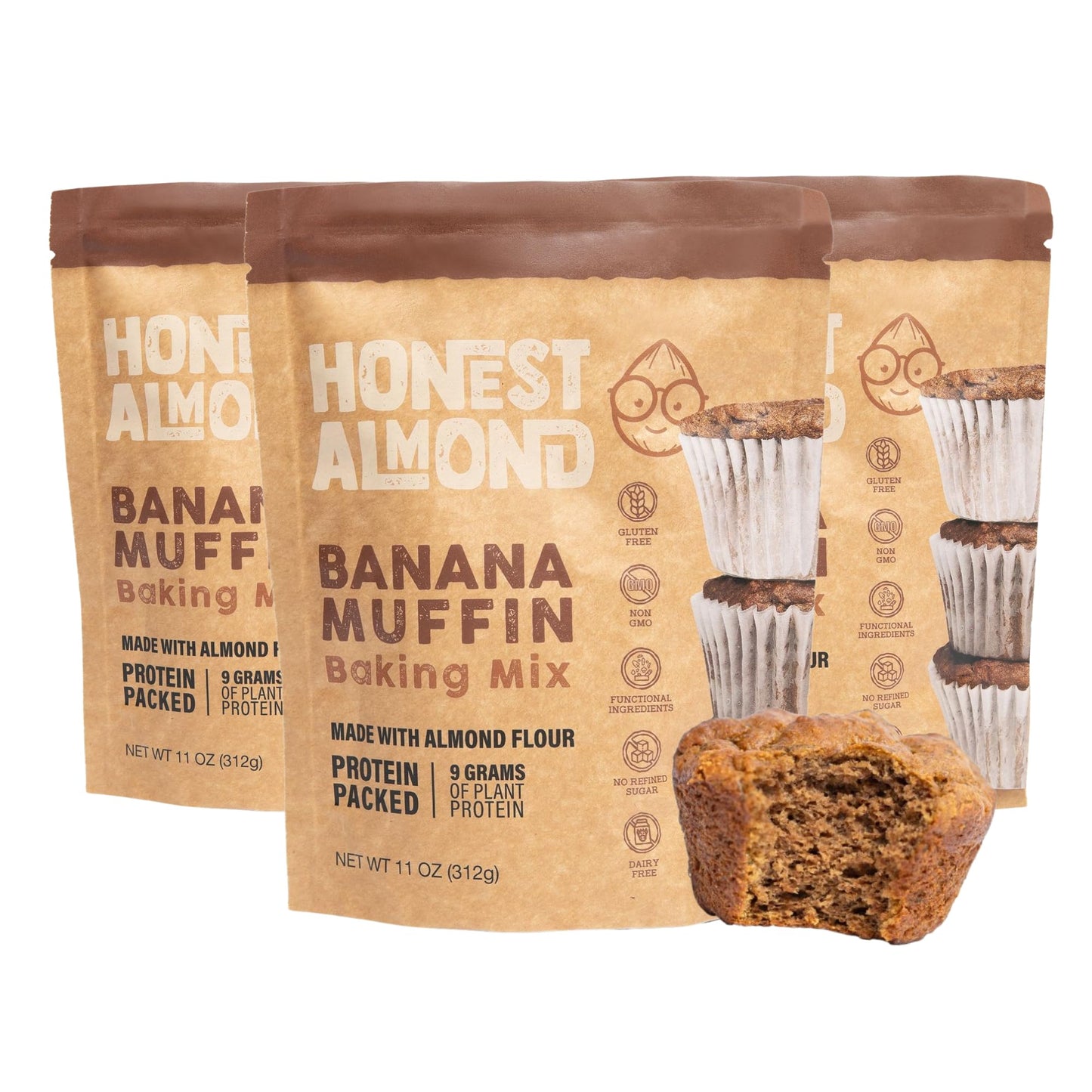 Honest Almond Protein Banana Muffin Mix | Almond Flour Baking Mix | Gluten-Free, Dairy-Free, Plant-Based, Healthy, All-Natural, Low Sugar | 11 Oz (12 Servings Per Package) (Pack of 3)