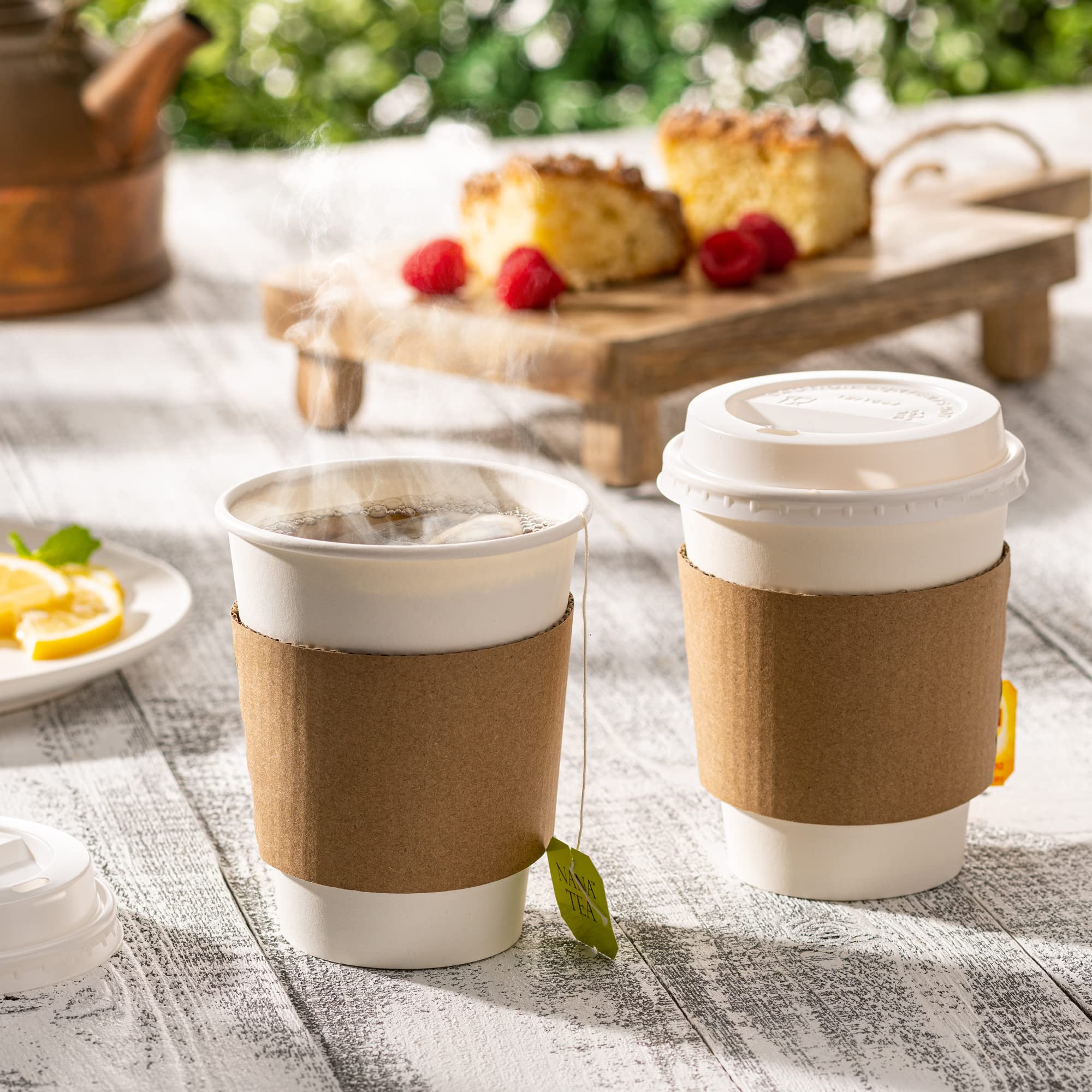 GUSTO [50 Sets - 12 oz. Disposable White Coffee Cups with White Lids, Sleeves - To Go Paper Hot Cups (Formerly Comfy Package)
