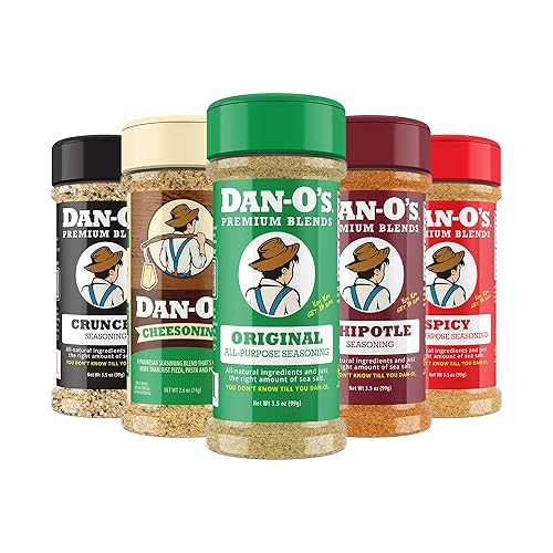 Dan-O's 5 Bottle Seasoning Set, Small Bottles, 5 Pack, Includes Original, Spicy, Chipotle, Crunchy and Cheesoning Seasonings, Sugar Free, Zero