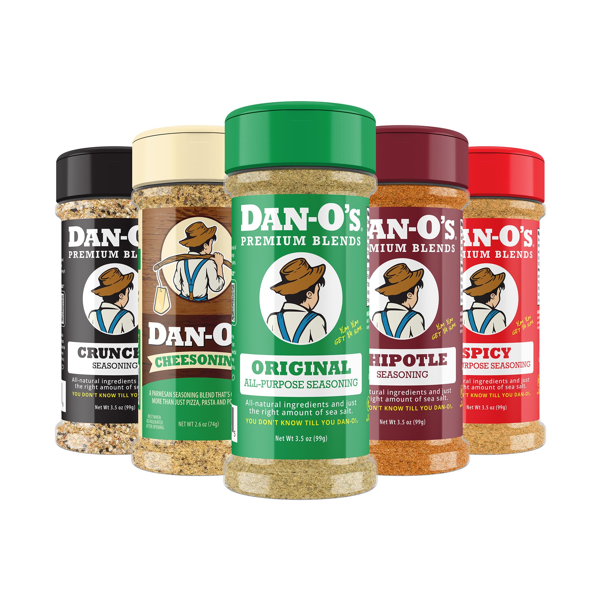 Dan-O's 5 Bottle Seasoning Set, Small Bottles, 5 Pack, Includes Original, Spicy, Chipotle, Crunchy and Cheesoning Seasonings, Sugar Free, Zero
