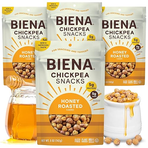 BIENA Chickpea Snacks - Crunchy Roasted Chickpeas - High Fiber Protein Snacks for Adults and Kids - 4-Pack, 5 Ounce Bags - Honey Roasted