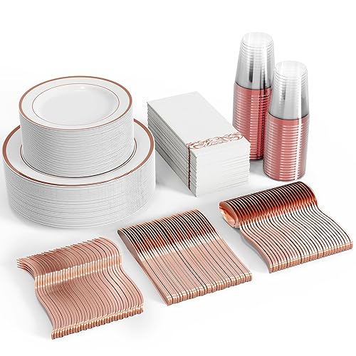FOCUSLINE 350 Ct Disposable Dinnerware Set for 50 Guests -Heavy Duty Plastic Plates with Rose Gold Rim, Includes 50 Dinner & Salad Plates, Cups