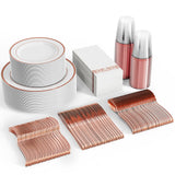 FOCUSLINE 350 Ct Disposable Dinnerware Set for 50 Guests -Heavy Duty Plastic Plates with Rose Gold Rim, Includes 50 Dinner & Salad Plates, Cups