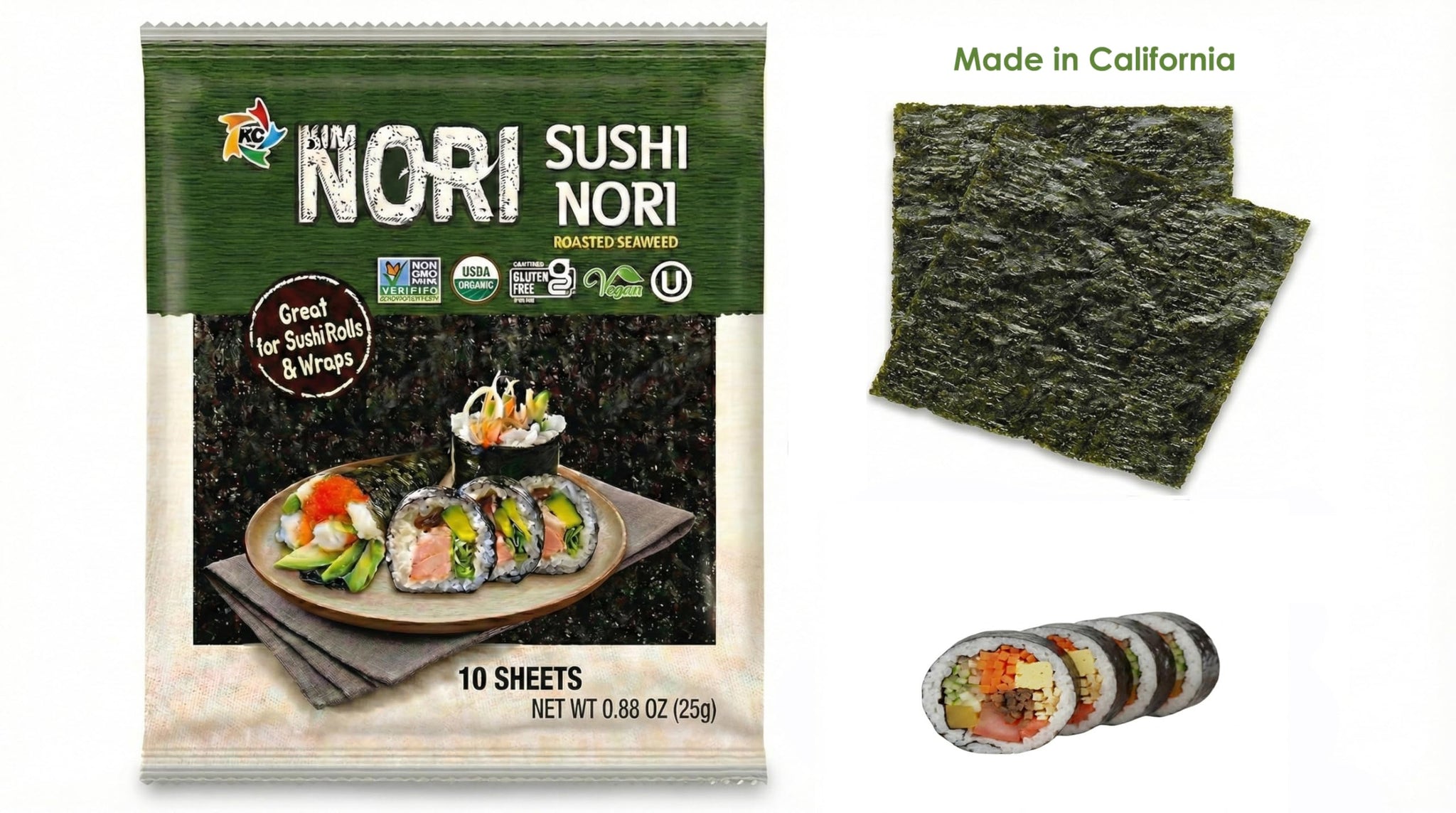 Kimnori Organic Roasted Seaweed Sushi Nori Sheets (10 sheets, 25g) - Professional Grade Full Size Nori for Sushi & Kimbap - California Crafted, Keto