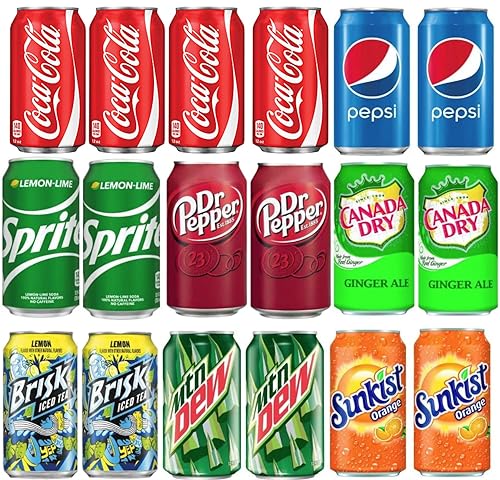 Soft Drink Assortment Variety: Cola, Pepsi, Sprite, Mountain Dew, Dr. Pepper, Brisk Iced Tea, Canada Dry Ginger Ale, Sunkist - 12 Fl Oz cans (18 Pack)