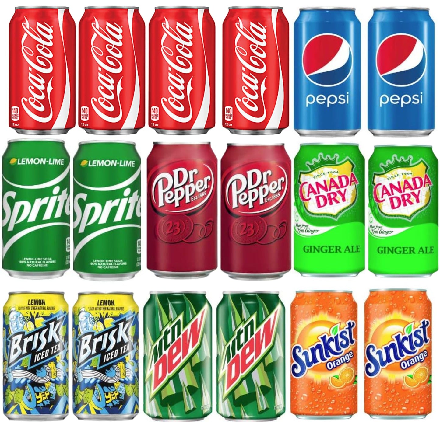 Soft Drink Assortment Variety: Cola, Pepsi, Sprite, Mountain Dew, Dr. Pepper, Brisk Iced Tea, Canada Dry Ginger Ale, Sunkist - 12 Fl Oz cans (18 Pack)