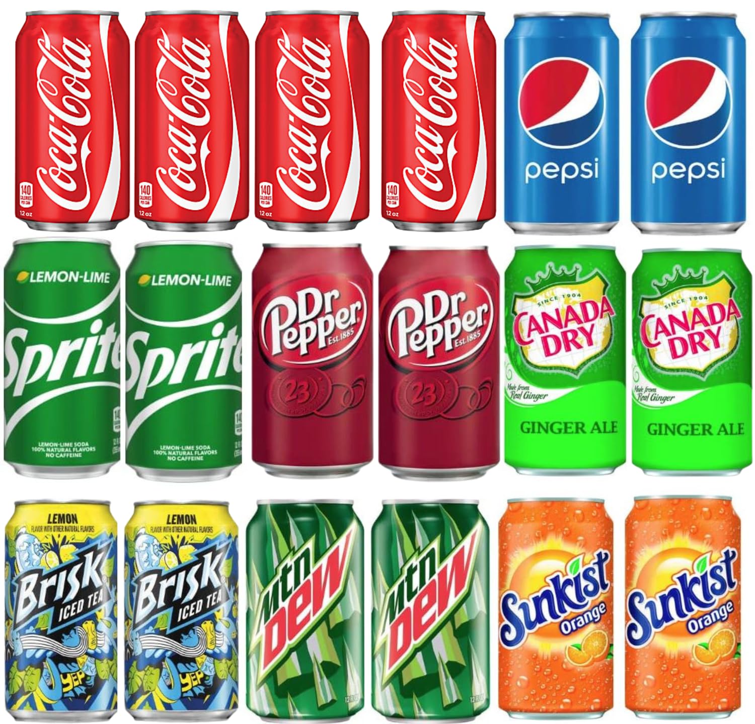 Soft Drink Assortment Variety: Cola, Pepsi, Sprite, Mountain Dew, Dr. Pepper, Brisk Iced Tea, Canada Dry Ginger Ale, Sunkist - 12 Fl Oz cans (18 Pack)