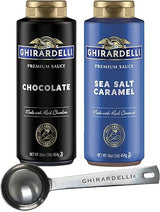 Ghirardelli Sea Salt Caramel and Chocolate Flavored Sauce 16 oz Squeeze Bottles (Pack of 2) with Ghirardelli Stamped Barista Spoon