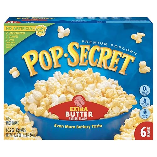 Pop Secret Extra Butter Microwave Popcorn 6ct (3.2oz Bags), 19.2oz Box (Pack of 1) - Microwave Popcorn, Non-GMO Popcorn, Extra Buttery Popcorn