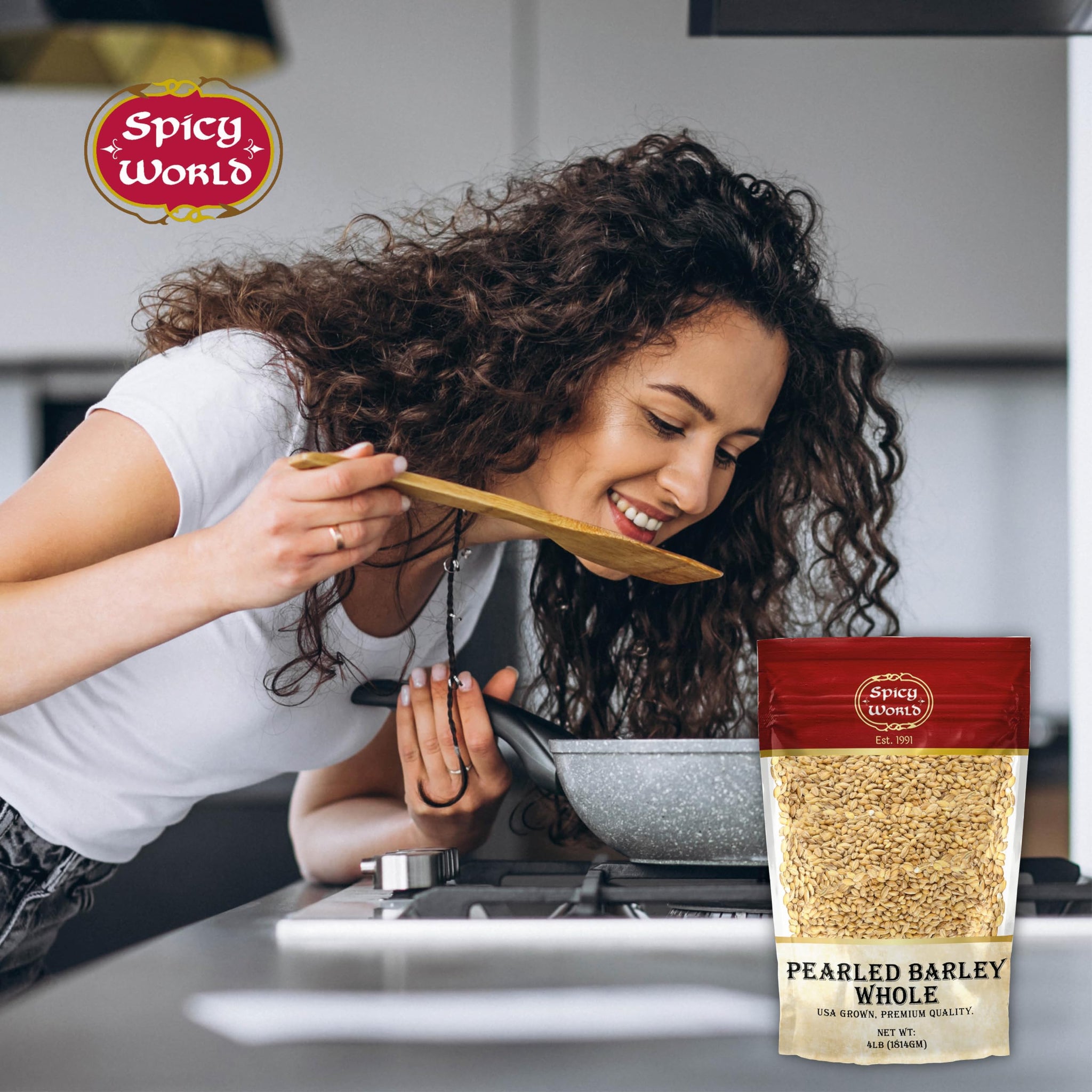 Spicy World Pearl Barley (Whole) Grain 4 LB Jumbo Bag - USA Grown (64oz) - All Natural, Non-GMO Source, Resealable