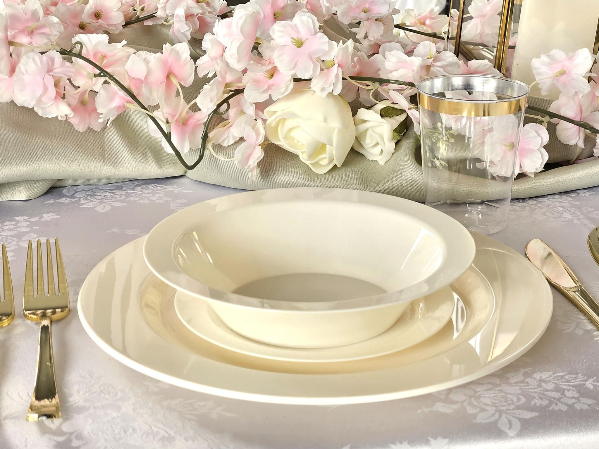 " OCCASIONS " 60 Piece Plates Pack, Heavyweight Disposable Wedding Party Plastic Bowls (14oz Soup Bowl, Plain Ivory)