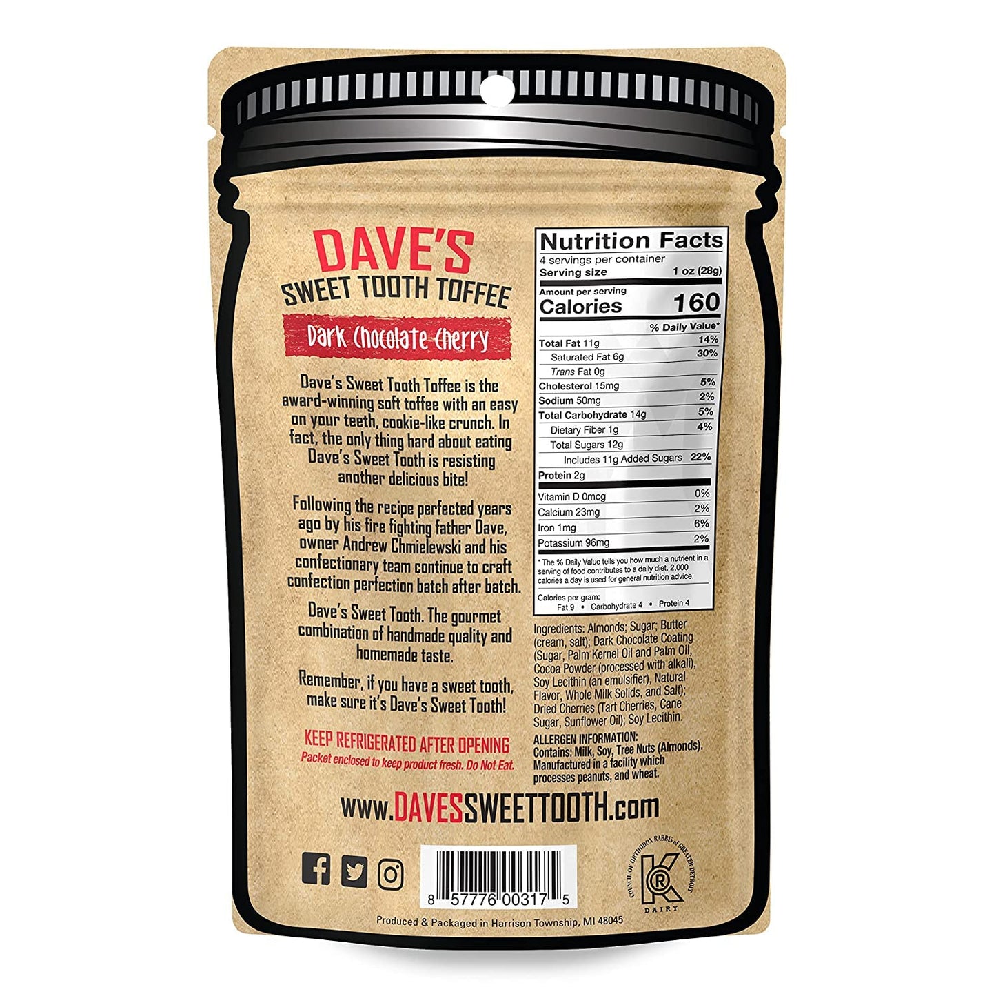 Dave's Sweet Tooth Toffee - Dark Chocolate Cherry Toffee Gift Set (4 oz. x 2) - Handmade Dark Chocolate Covered Cherries Toffee with Real Butter, Real