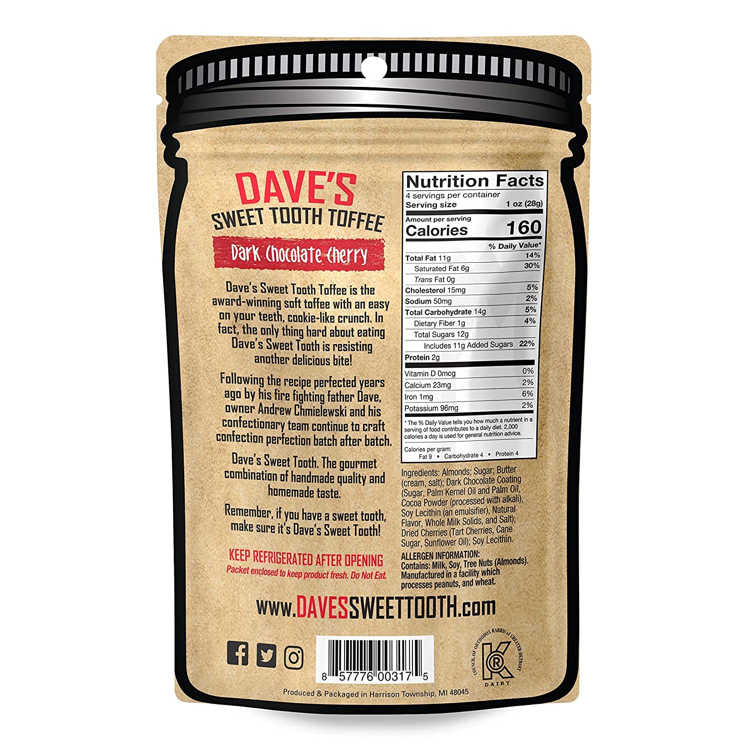 Dave's Sweet Tooth Toffee - Dark Chocolate Cherry Toffee Gift Set (4 oz. x 4) - Handmade Dark Chocolate Covered Cherries Toffee with Real Butter, Real
