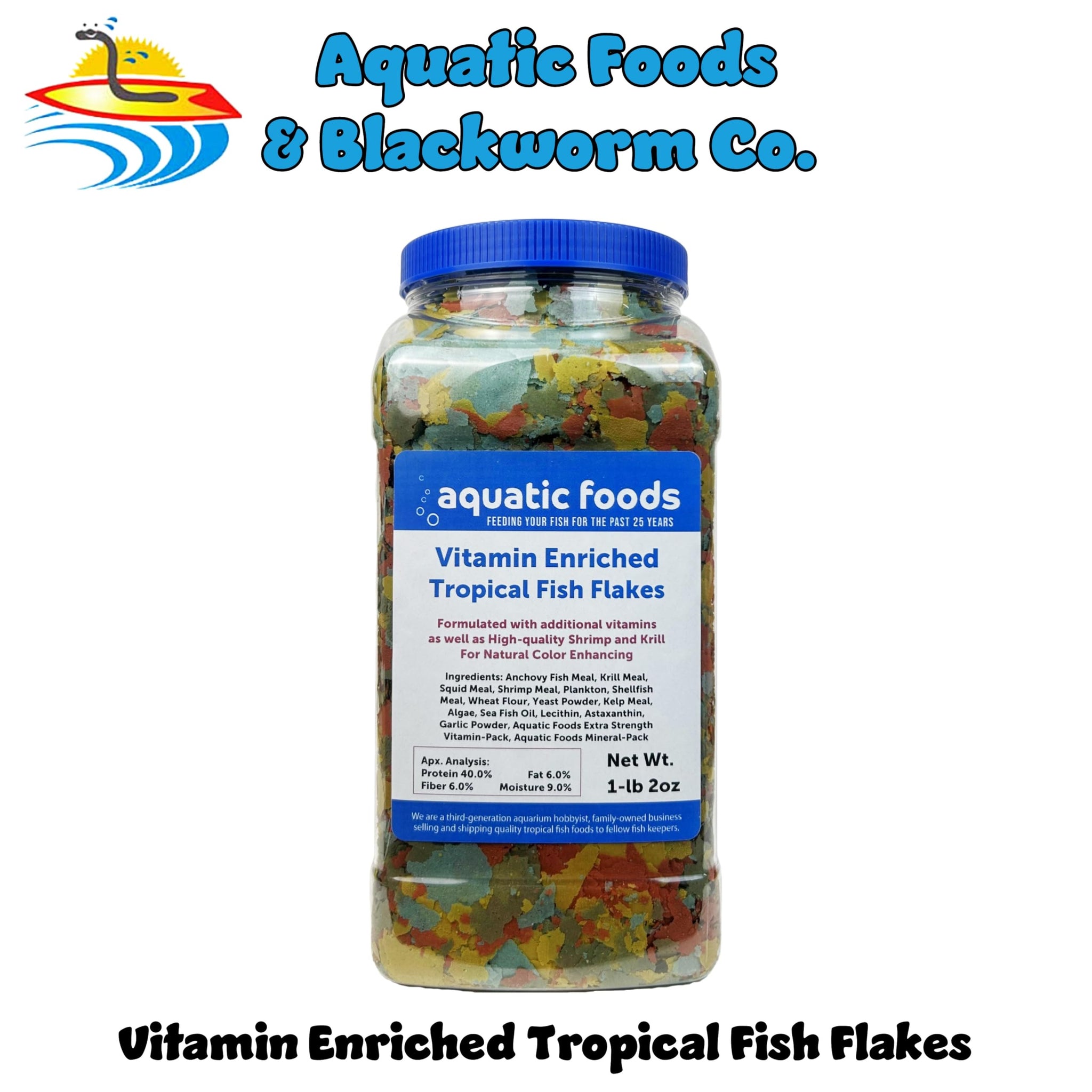 Aquatic Foods Inc. Premium Vitamin Enriched Tropical Fish Flakes, Vitamin Pack, Krill, Color Enhancing, Spirulina Flakes for All Tropical Fish Also