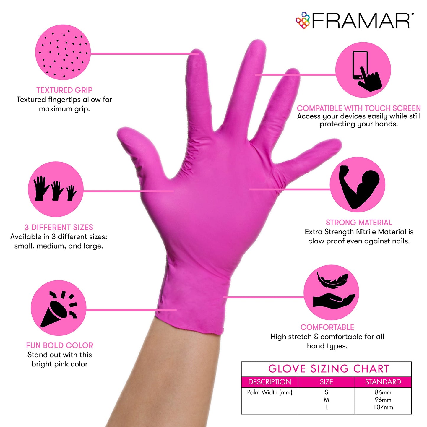 FRAMAR Pink Gloves Disposable Latex Free - Pink Nitrile Gloves Medium, Latex Free Glove Medium, Guantes De Nitrilo, For Hair Dye, Salon, Cleaning