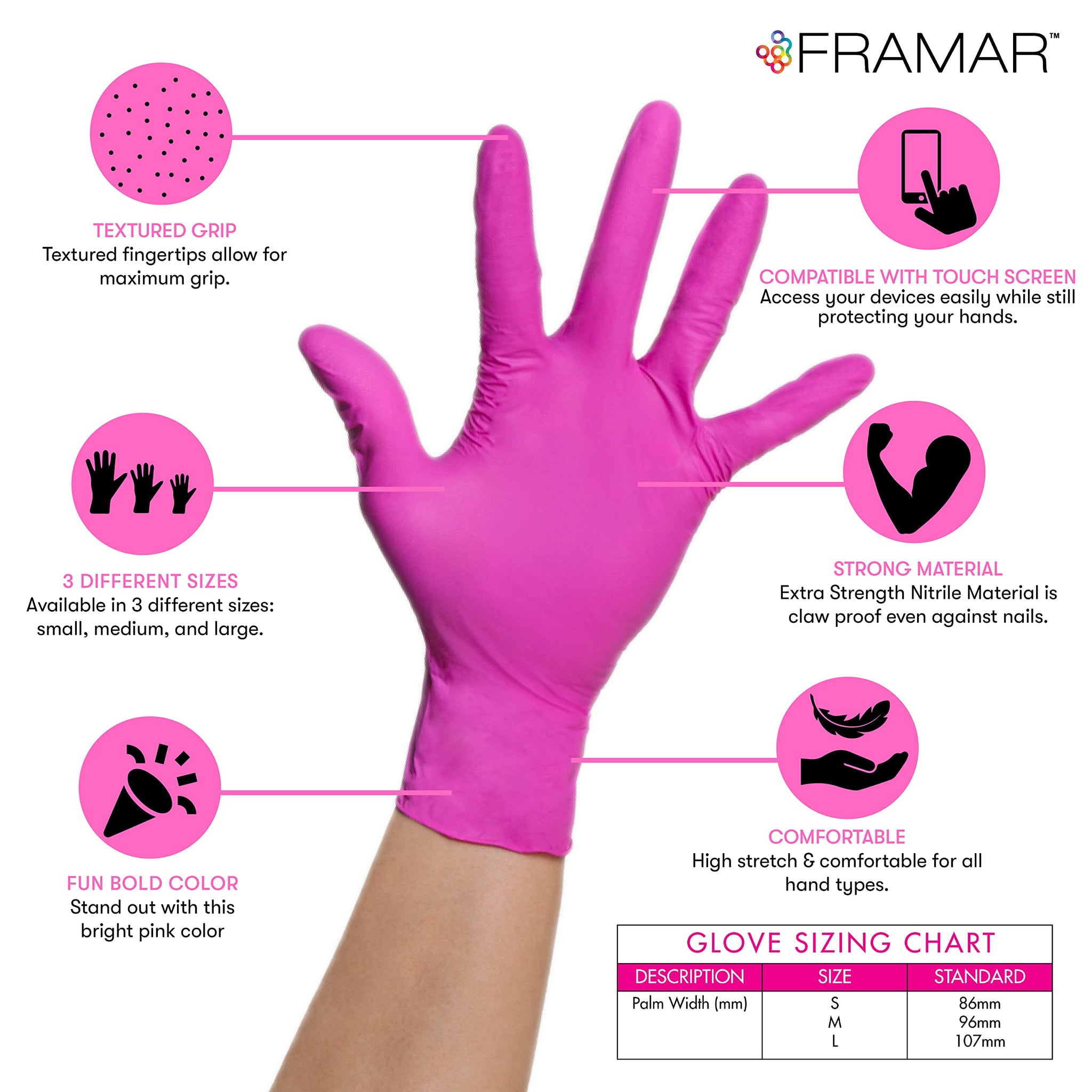 FRAMAR Pink Gloves Disposable Latex Free - Pink Nitrile Gloves Medium, Latex Free Glove Medium, Guantes De Nitrilo, For Hair Dye, Salon, Cleaning