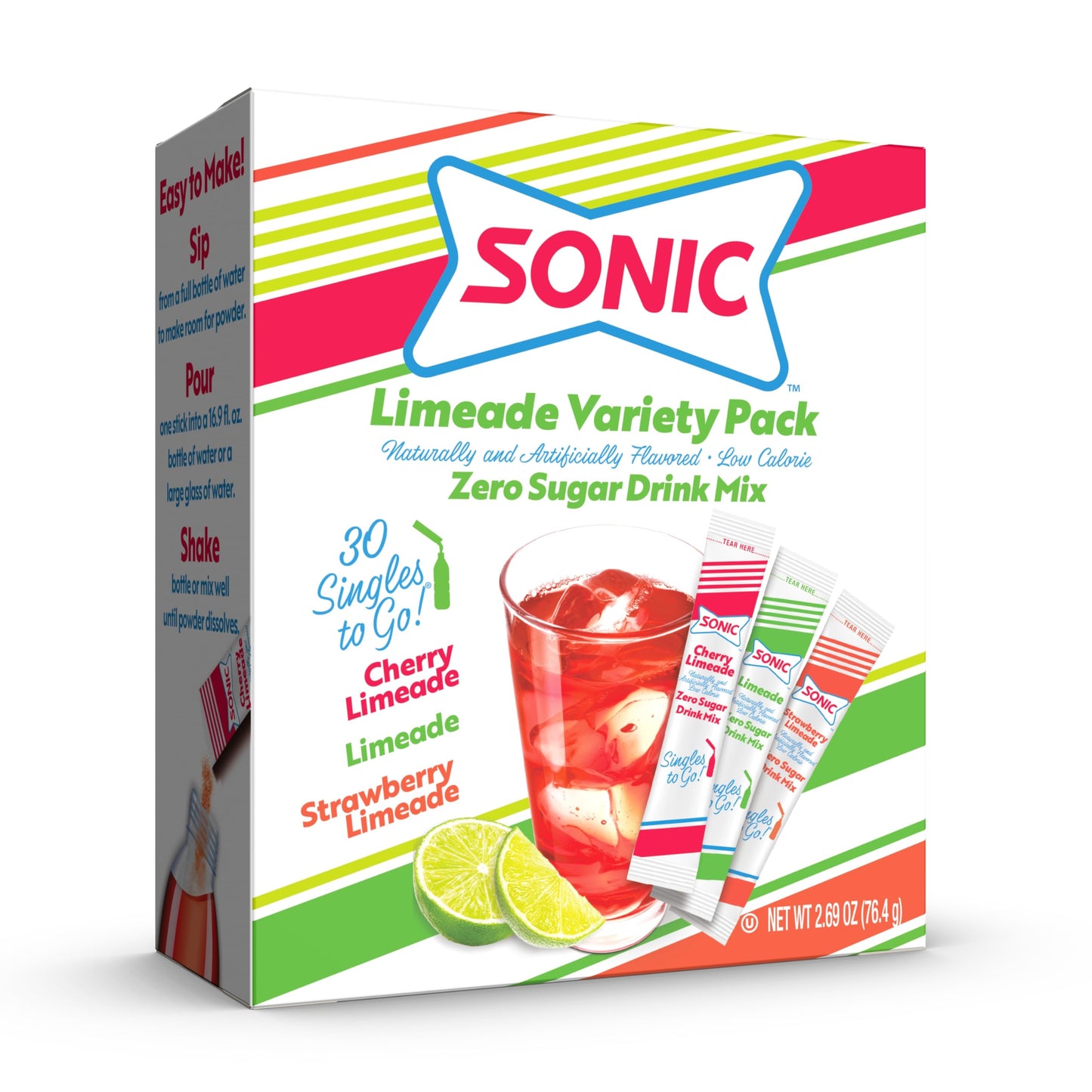 Sonic Singles To Go Limeade Variety Pack, Watertok Powdered Drink Mix, Includes 3 Flavors, Limeade, Cherry Limeade, Strawberry Limeade, 1 Box (30