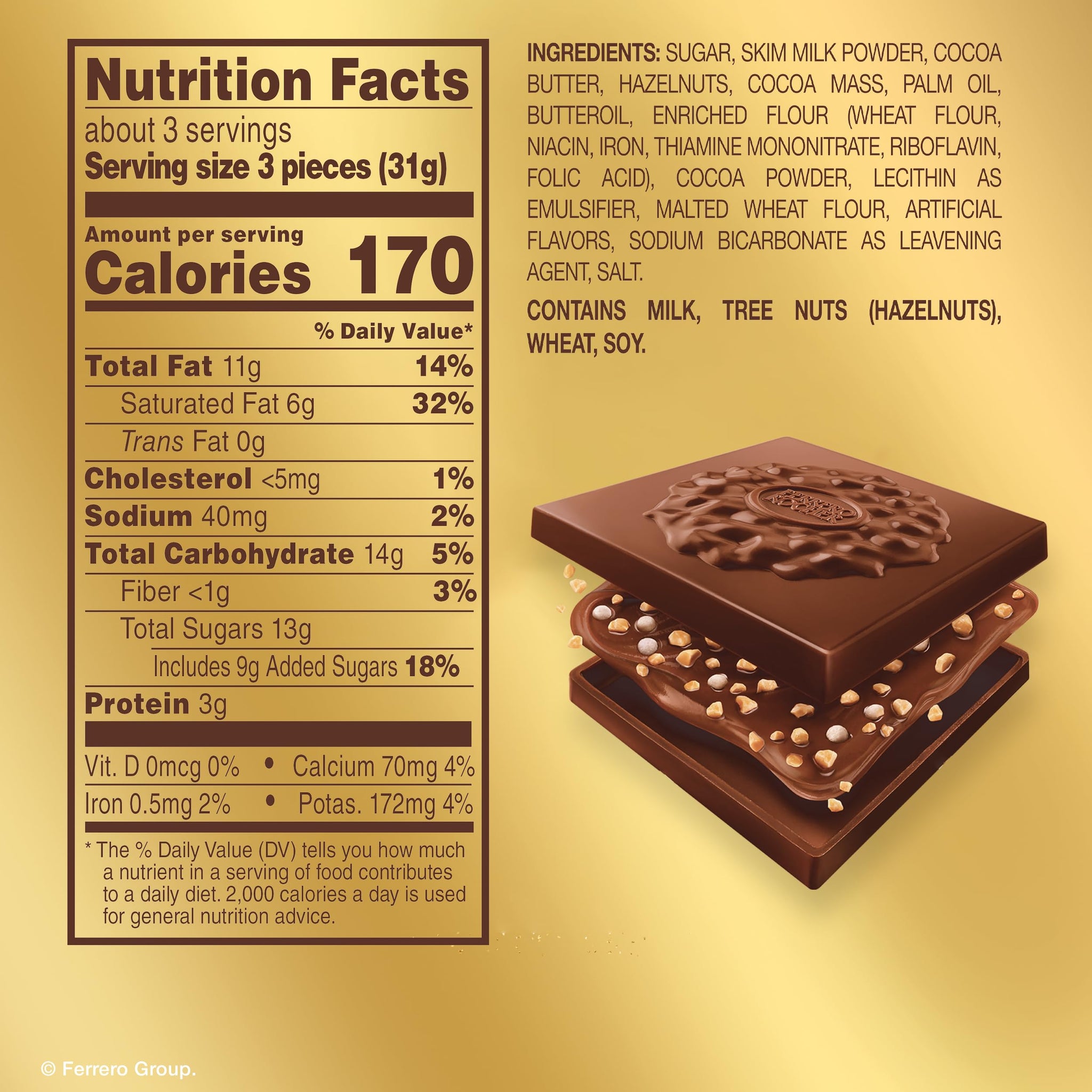 Ferrero Rocher Premium Milk Hazelnut chocolate squares, Individually Wrapped Chocolates, Great for Sharing or Gifting, 22.2 oz
