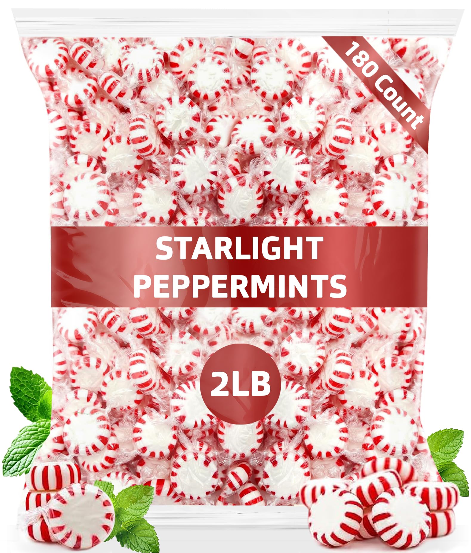 Bulk Starlight Peppermints Hard Candy - Approx. 180 Pieces, 2 lb Bag - Individually Wrapped Peppermint Discs for Parties, Candy Bowls & Holiday Treats