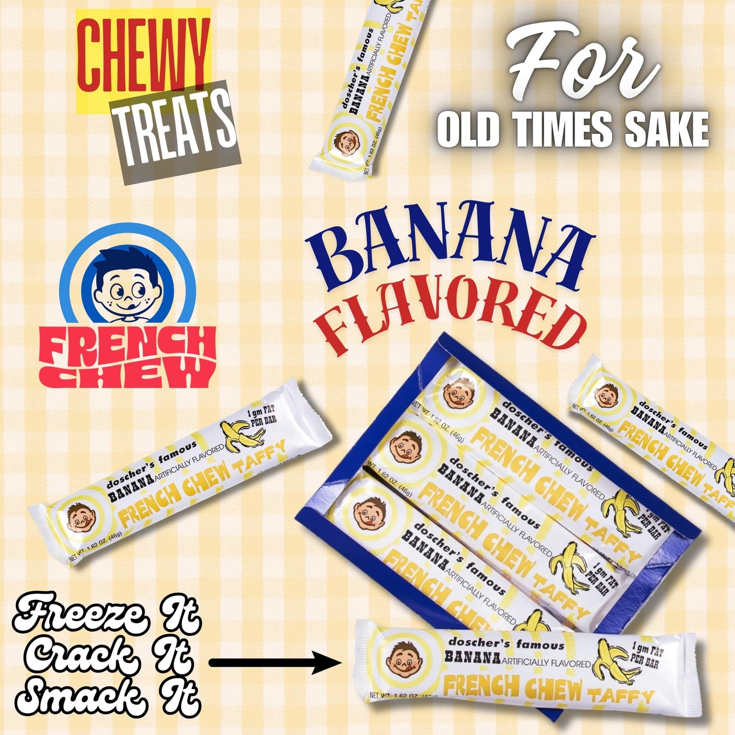 French Chew Taffy, Classic, Soft & Chewy Banana Candy, Made in the USA, Pack of 24
