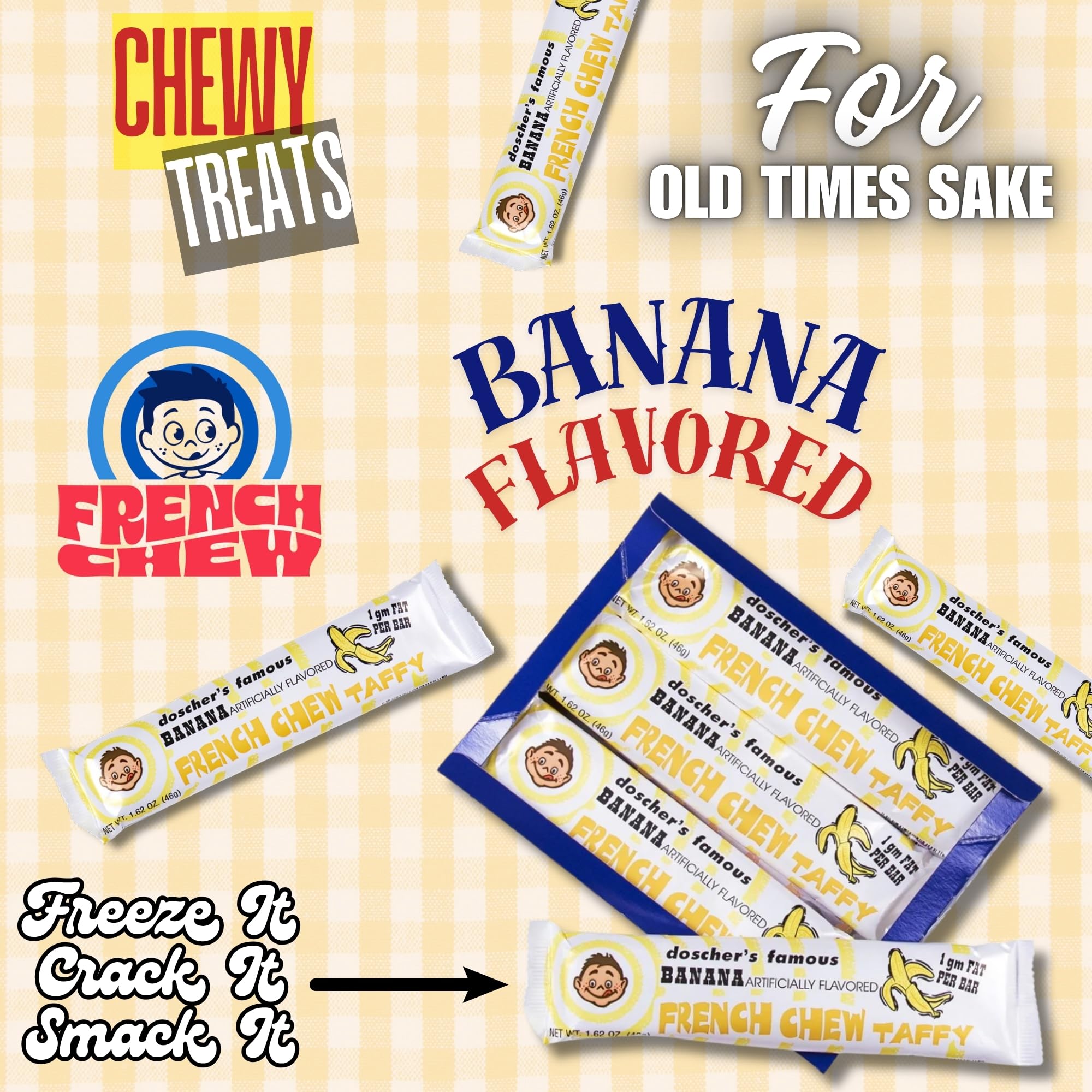 French Chew Taffy, Classic, Soft & Chewy Banana Candy, Made in the USA, Pack of 24