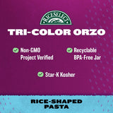 RiceSelect Tri-Color Orzo Rice-Shaped Pasta, Premium Spinach- and Tomato-Flavored Non-GMO Orzo Pasta, 26.5-Ounce Jar
