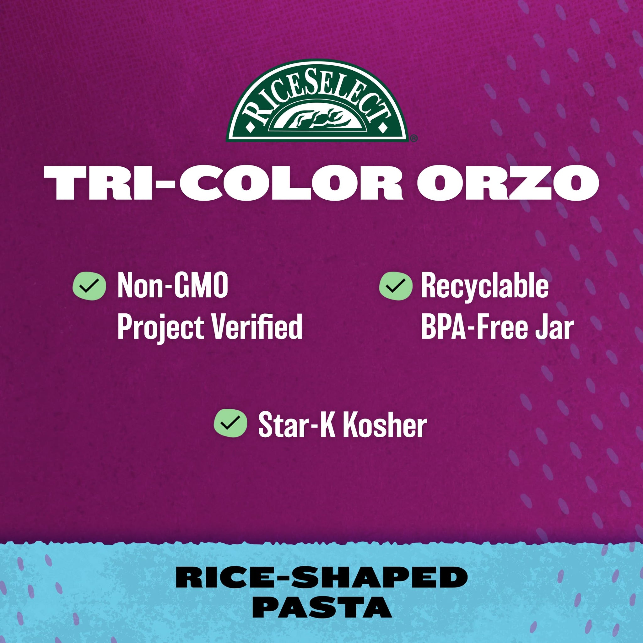 RiceSelect Tri-Color Orzo Rice-Shaped Pasta, Premium Spinach- and Tomato-Flavored Non-GMO Orzo Pasta, 26.5-Ounce Jar