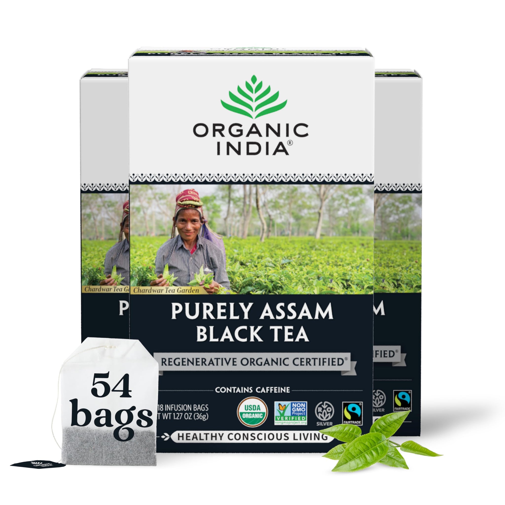 Organic India Purely Assam Black Tea - Caffeinated Herbal Tea Bags with Natural Assam Leaves, Enjoy with Milk & Sweetener, USDA Organic, Non-GMO