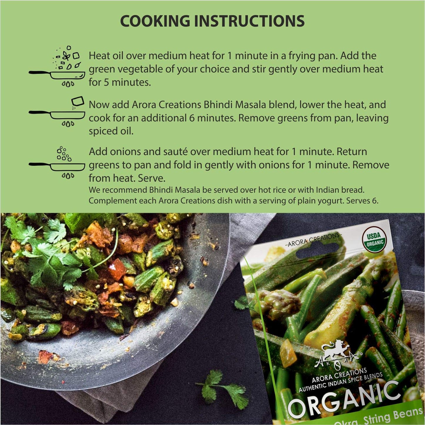 Vegan Organic Bhindi Masala Green Veggie Indian Spice Blend - Arora Creations 0.5oz (6-Pack) | Gluten Free, Non-GMO, Low Sodium | Easy to Cook Indian