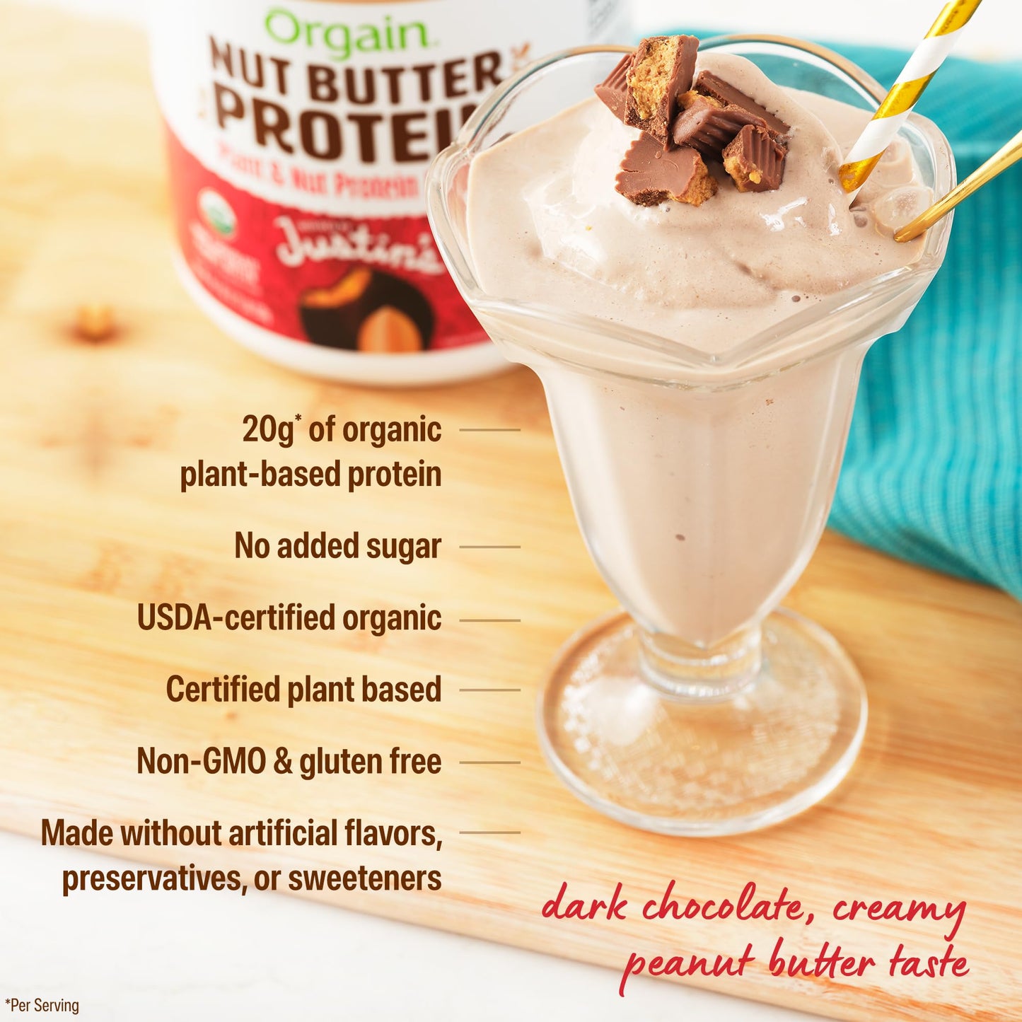 Orgain X Justin's ® Organic Vegan Nut Butter Protein Powder, Chocolate Peanut Butter- 20g Plant Protein, 1g Sugar, Gluten Free, No Dairy, Soy