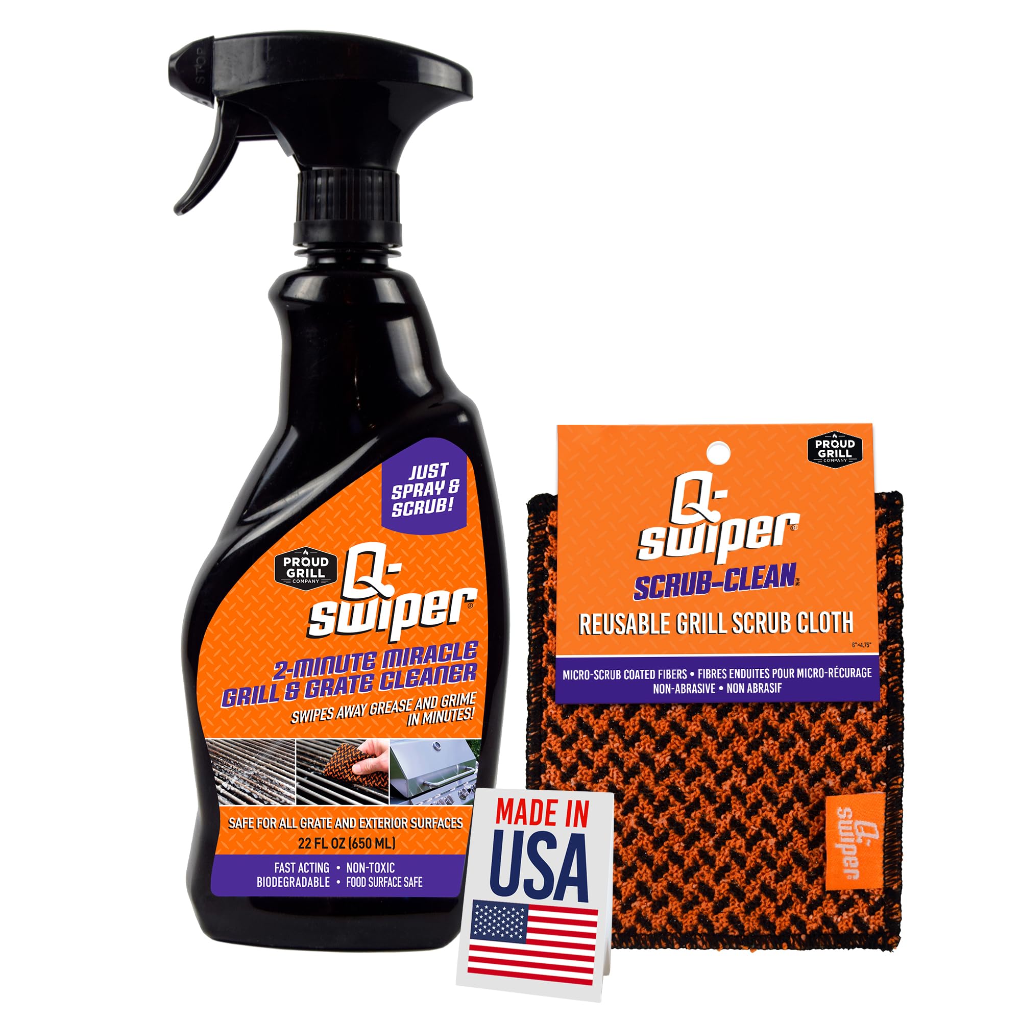 Proud Grill Company Q-Swiper 2-Minute Miracle Grill & Grate Cleaner with Scrub Clean Cloth - Father Day Gifts, Degreaser Spray for BBQ, Oven, Stove