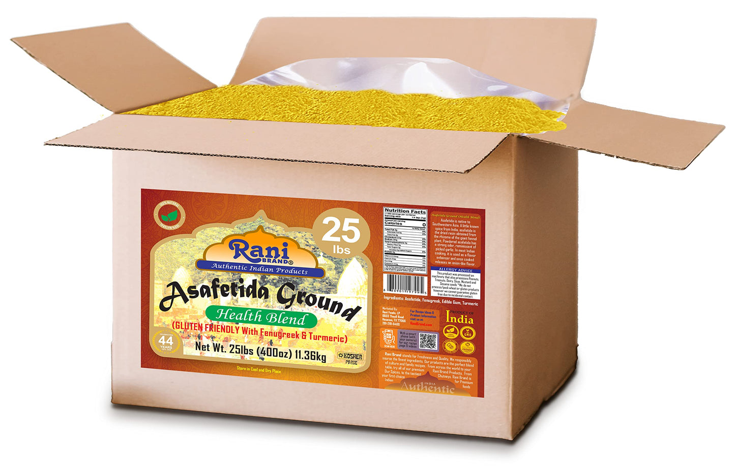Rani Asafetida (Hing) Ground Health Blend w/Fenugreek and Turmeric 400oz (25lbs) 11.36kg Bulk Box ~ All Natural | Salt Free | Vegan | Asafoetida