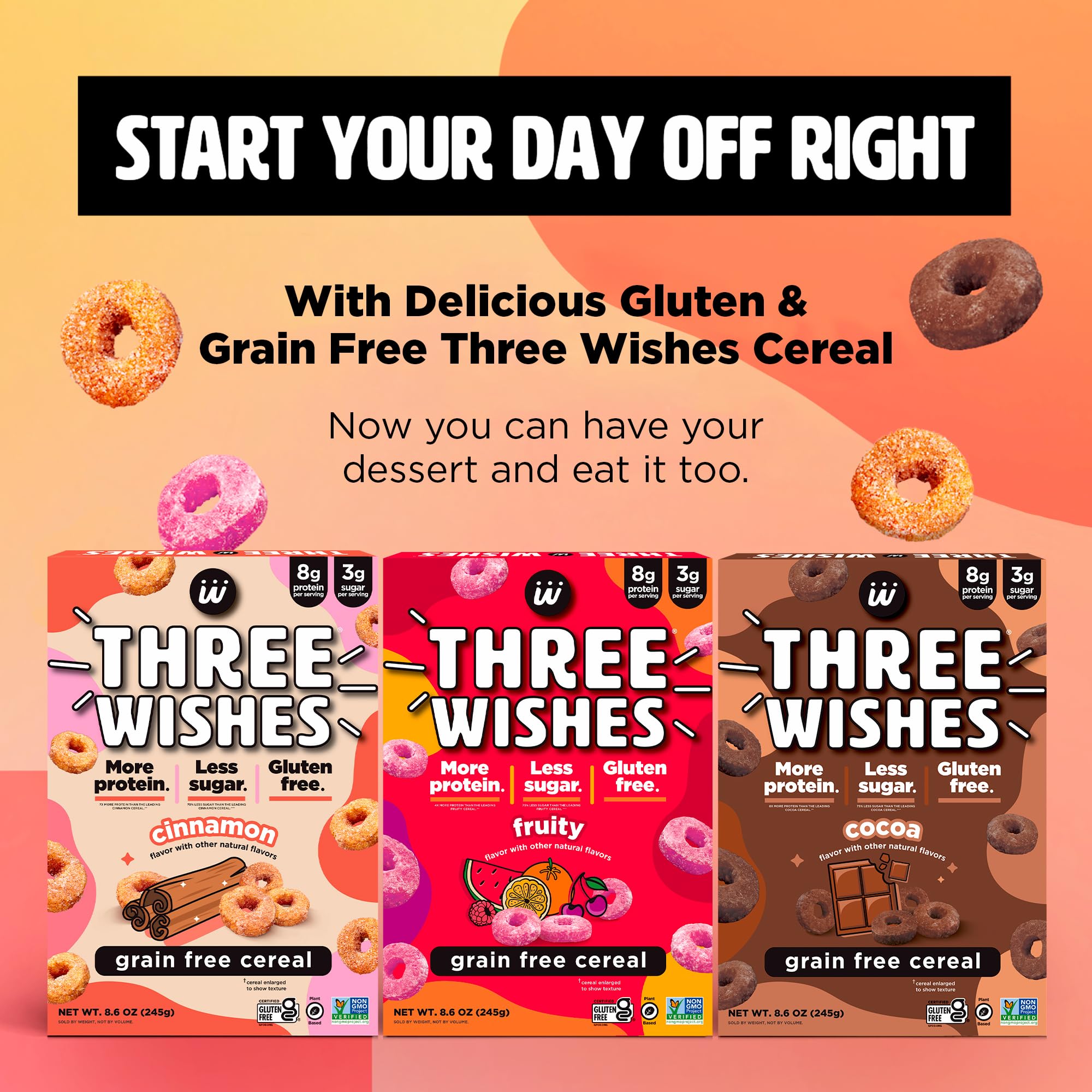 Three Wishes Grain-Free & Protein Cereal - Healthy, Low Sugar & Gluten-Free Breakfast Cereal - Low Carb, Plant-Based, Vegan & Non-GMO - Variety 3-Pack