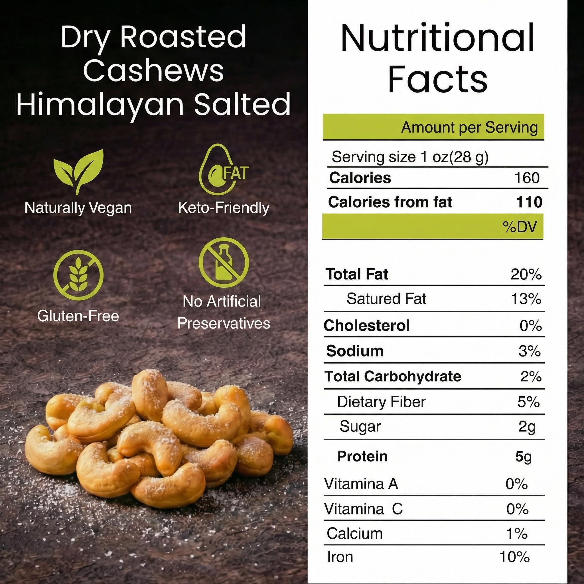 Dry Roasted Cashews Himalayan Salted (1 LB.) - Baked in Small Batches for Added Freshness - Oven Roasted to Perfection without Oil - Farm Fresh Nuts