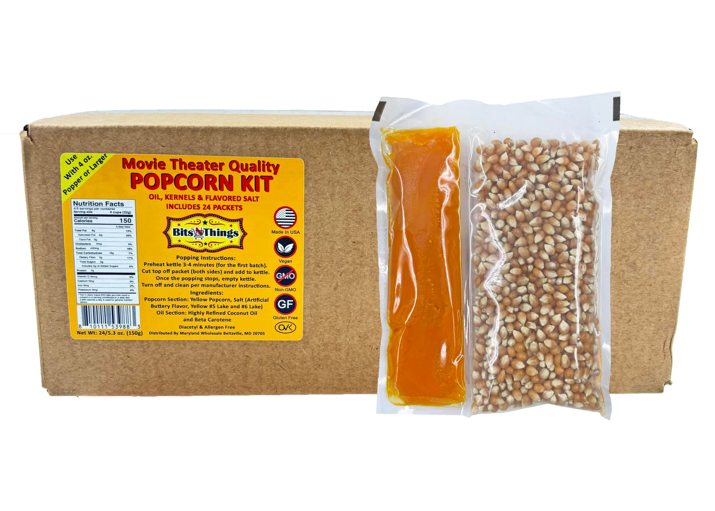Home Theater All in One Popcorn Kit For 4 oz. Popper | Portion Packets with Kernels, Oil and Flavored Salt | By Bits N Things | Pack of 24