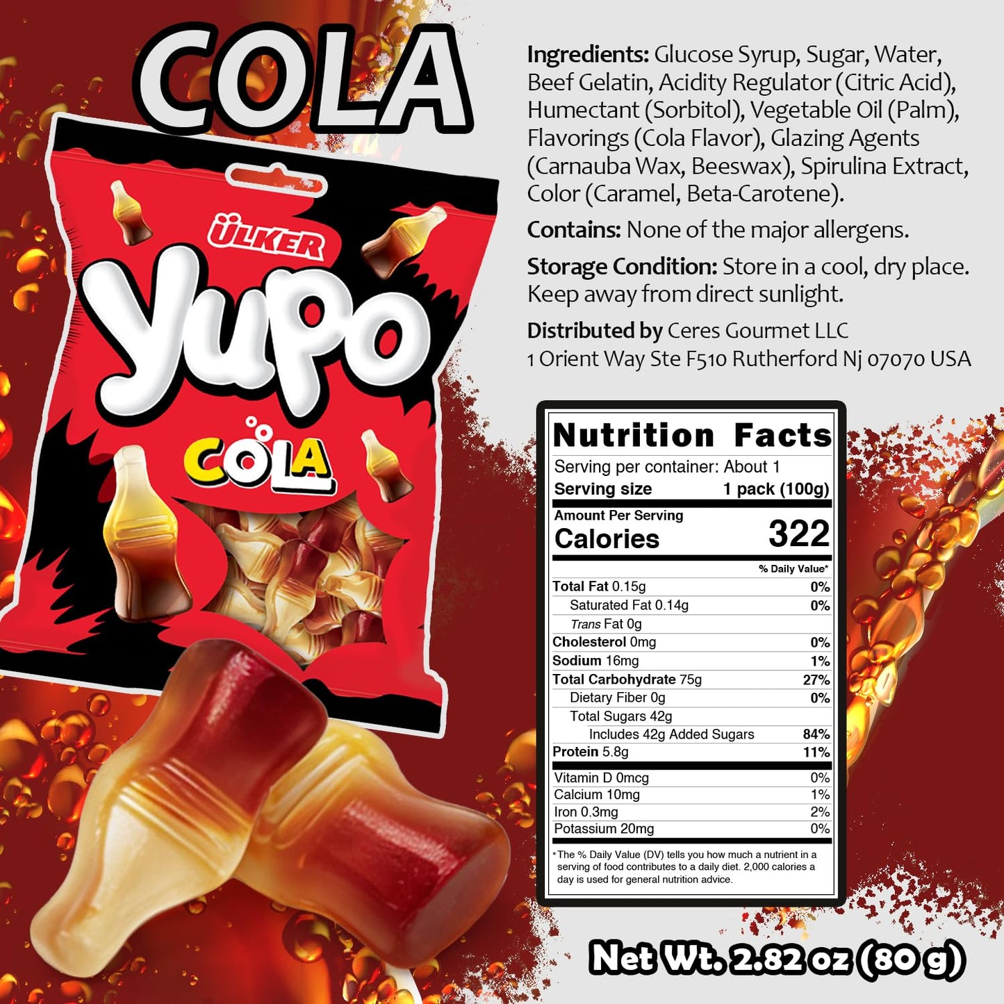 Ceres Gourmet Cola Gummies Candy, 24 Pack, Bulk Chewy Gummy Cola Candy Bags (24 x 2.8 Ounce), Soft Jelly Gummy Candy Pack for Parties, Snack Box