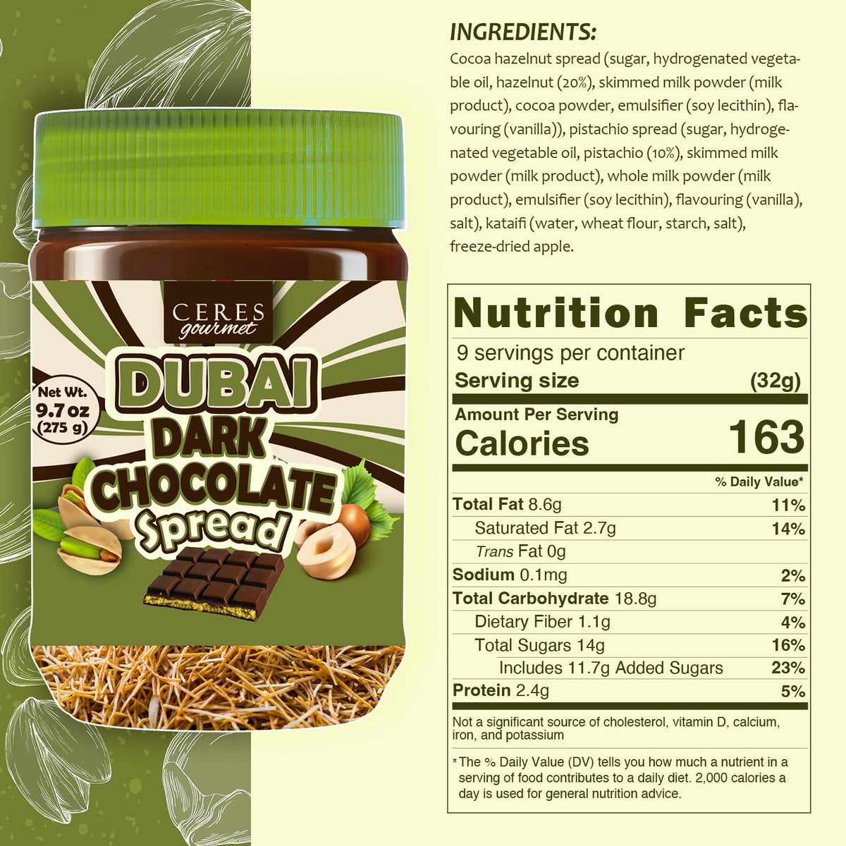 Dubai Dark Chocolate Spread 9.7 oz Jar with Pistachio Cream, Crispy Kataifi