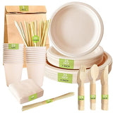 Compostable Paper Plates Set [227 PCS] - with Bamboo Cutlery, Cups, Straw, Paper Napkin, Skewer sticks & Trash Bag | Heavy Duty, Eco-friendly | BBQ