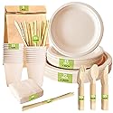 Compostable Paper Plates Set [227 PCS] - with Bamboo Cutlery, Cups, Straw, Paper Napkin, Skewer sticks & Trash Bag | Heavy Duty, Eco-friendly | BBQ