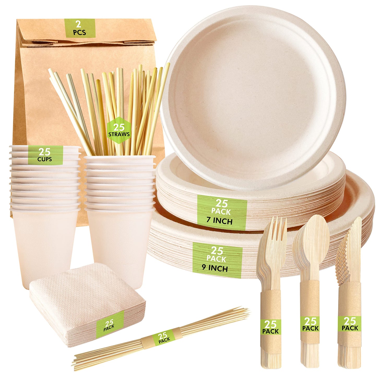 Compostable Paper Plates Set [227 PCS] - with Bamboo Cutlery, Cups, Straw, Paper Napkin, Skewer sticks & Trash Bag | Heavy Duty, Eco-friendly | BBQ