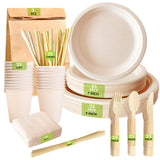 Compostable Paper Plates Set [227 PCS] - with Bamboo Cutlery, Cups, Straw, Paper Napkin, Skewer sticks & Trash Bag | Heavy Duty, Eco-friendly | BBQ