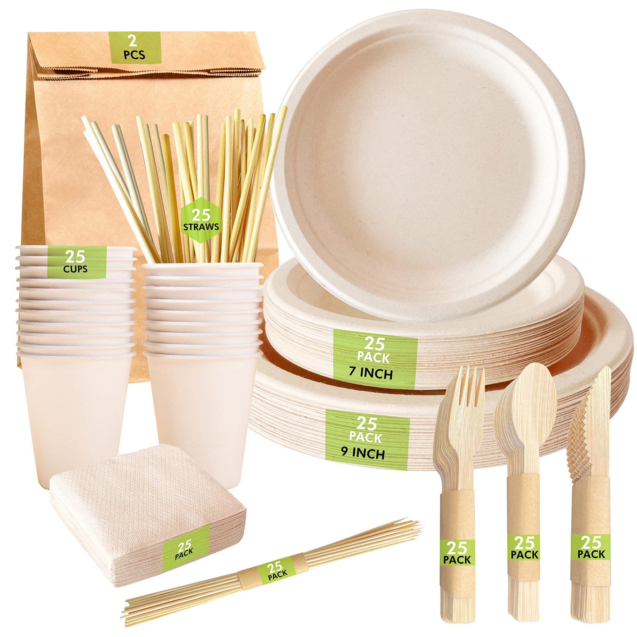 Compostable Paper Plates Set [227 PCS] - with Bamboo Cutlery, Cups, Straw, Paper Napkin, Skewer sticks & Trash Bag | Heavy Duty, Eco-friendly | BBQ