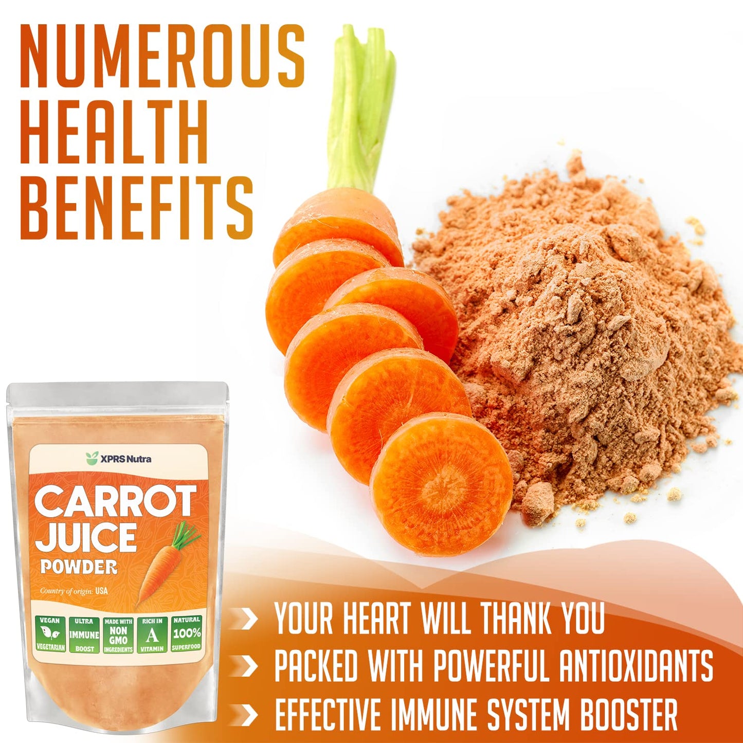 XPRS Nutra 100% Natural Carrot Juice Powder - Pure Carrot Powder from The USA - Ideal for Juice and Smoothie - High in Vitamin A, Phytonutrients
