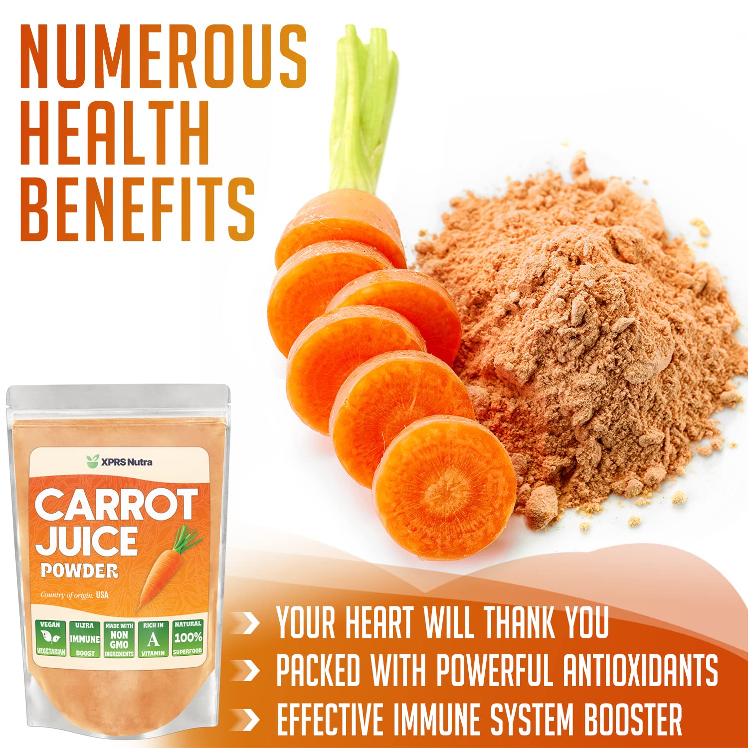 XPRS Nutra 100% Natural Carrot Juice Powder - Pure Carrot Powder from The USA - Ideal for Juice and Smoothie - High in Vitamin A, Phytonutrients