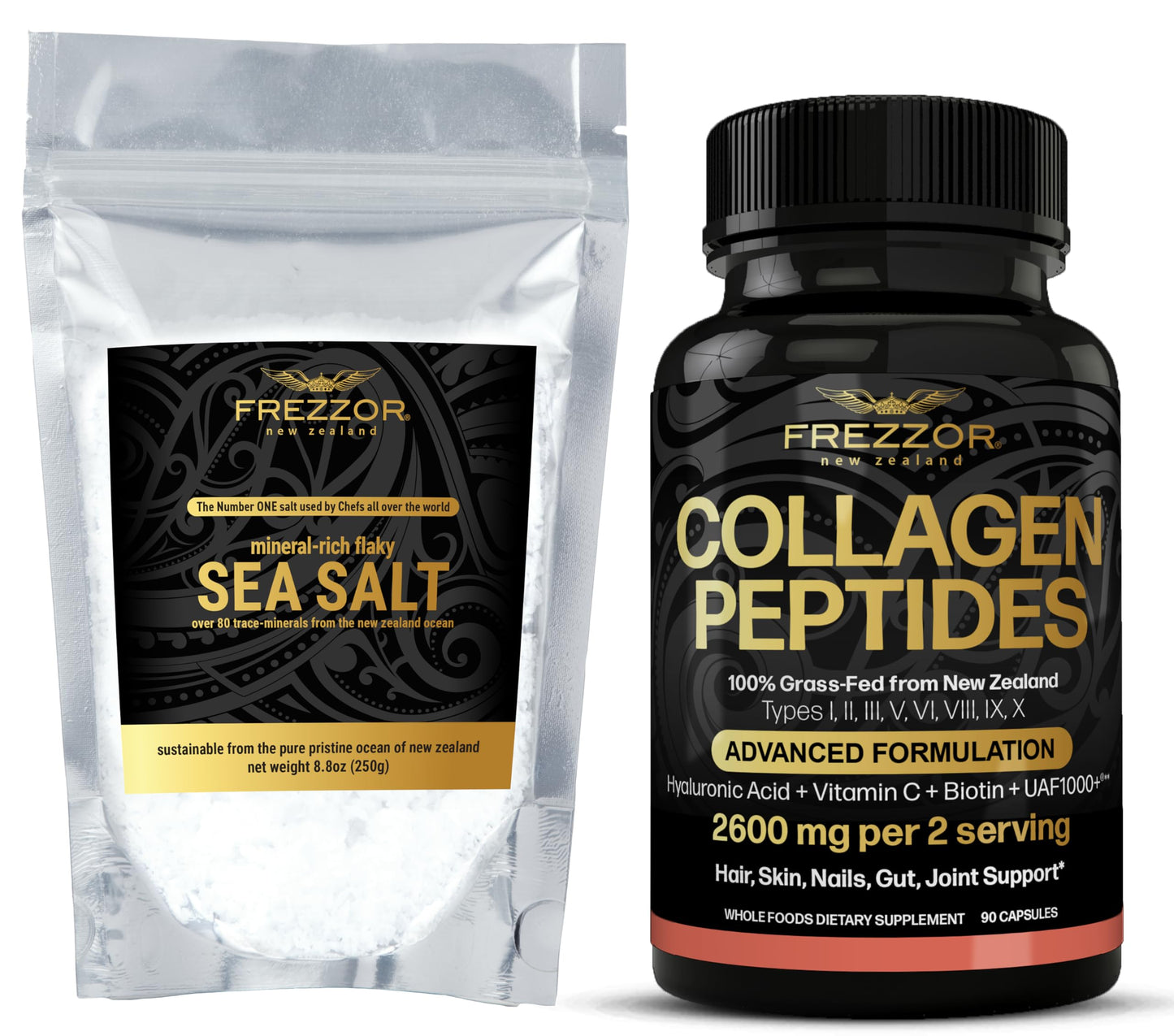 FREZZOR Mineral-Rich Flaky Sea Salt Combo-Pack with FREZZOR Advanced Formulation Collagen Peptides, Flakes, Premium Gourmet, Unprocessed, 80 Minerals