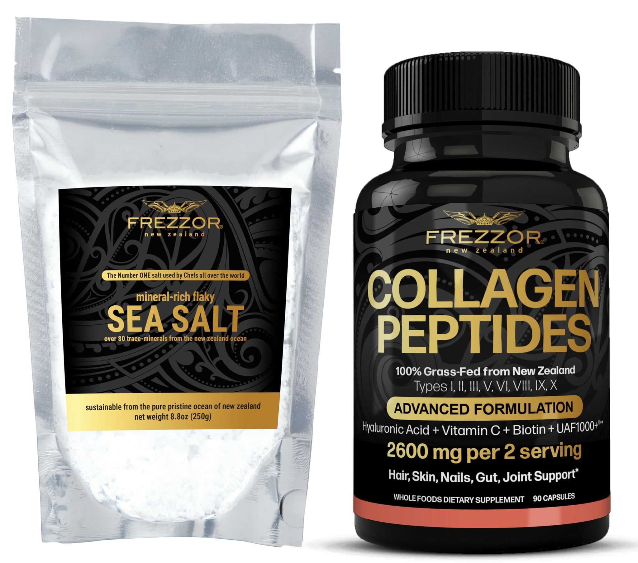 FREZZOR Mineral-Rich Flaky Sea Salt Combo-Pack with FREZZOR Advanced Formulation Collagen Peptides, Flakes, Premium Gourmet, Unprocessed, 80 Minerals