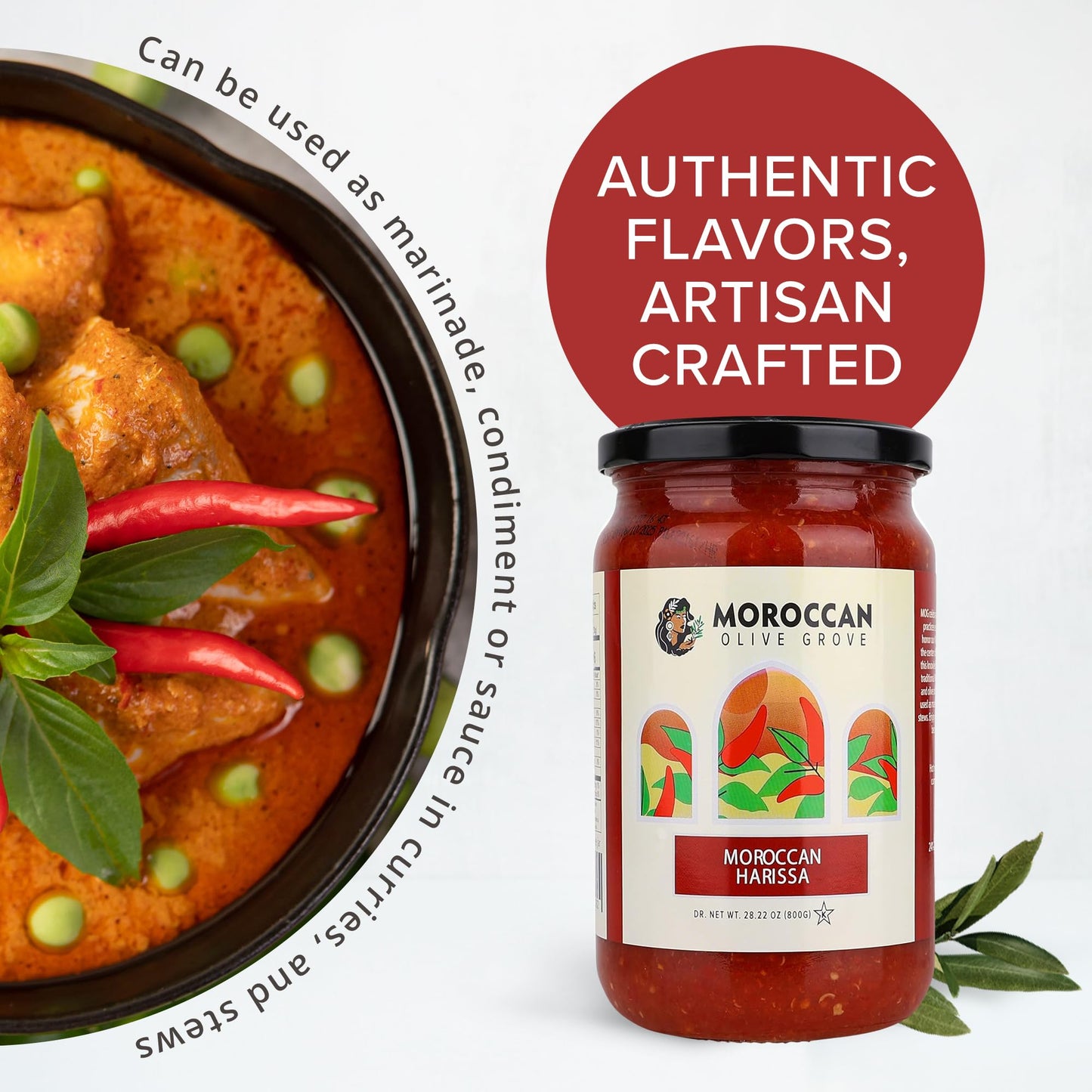 MOROCCAN OLIVE GROVE, Moroccan Harissa, (2 Pack) 28.22oz (800g), Gourmet Moroccan Hot Sauce, Spicy, Tangy Chili Paste