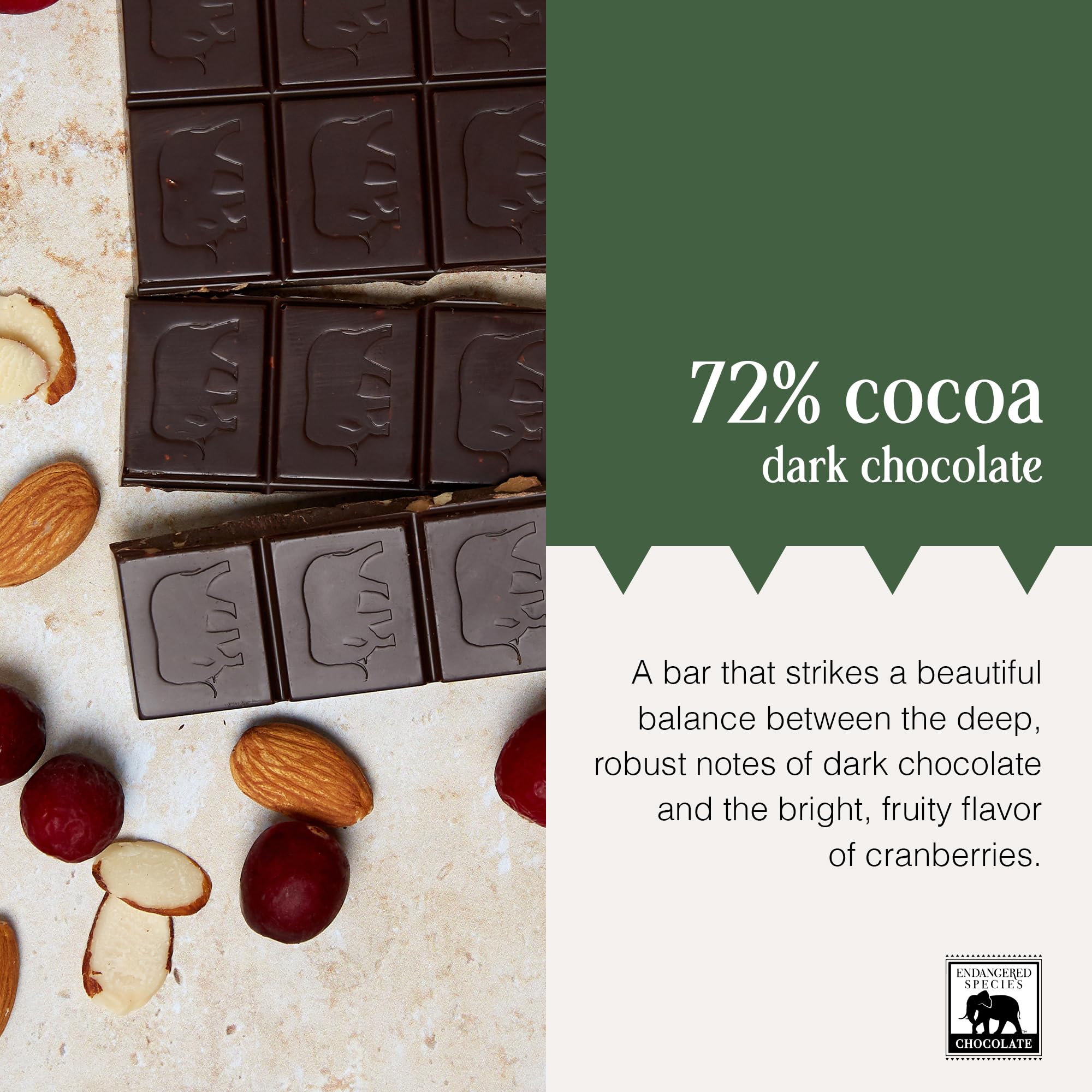Endangered Species Dark Chocolate Bar w/Cranberries & Almonds (72% cocoa)