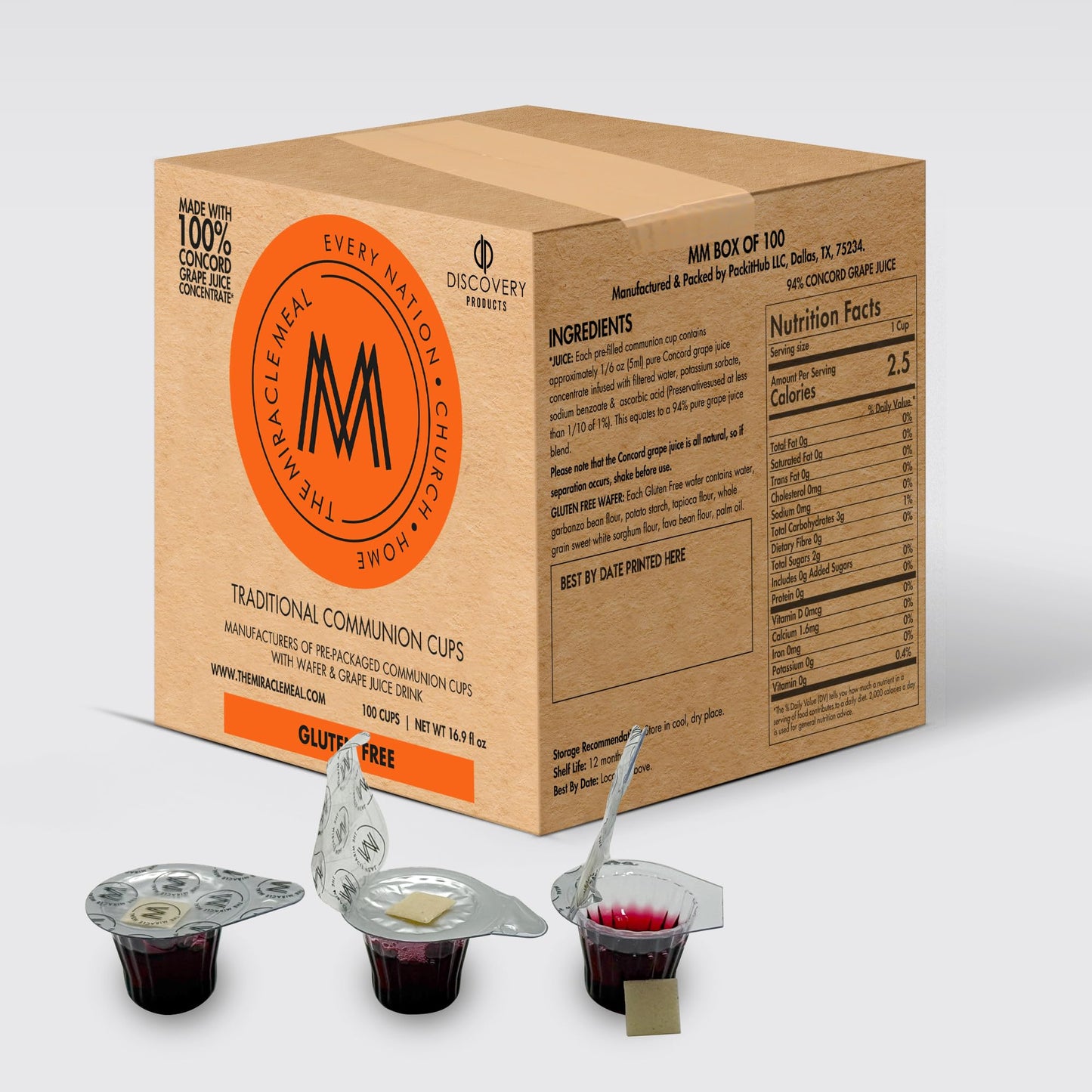 Pre Packaged GLUTEN FREE Traditional Communion Cups | Box of 100 with Juice and Wafer
